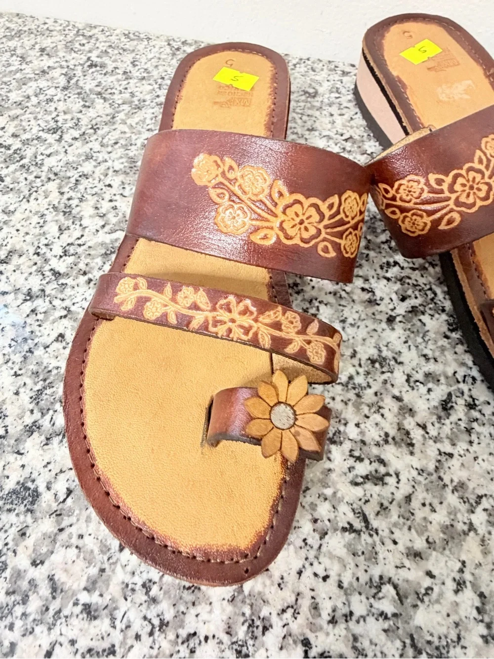 Women’s Brown Floral Leather Slide Sandals mexico sz 5 US sz 8 - Picture 9 of 9